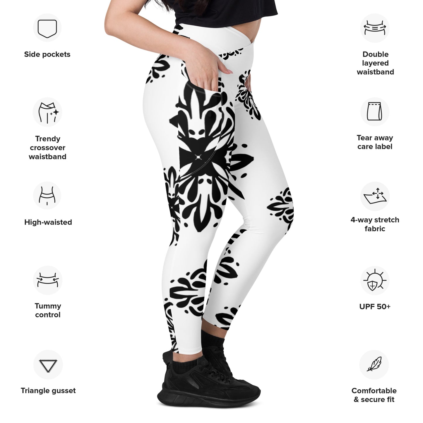 Cute black and white Crossover leggings with pockets
