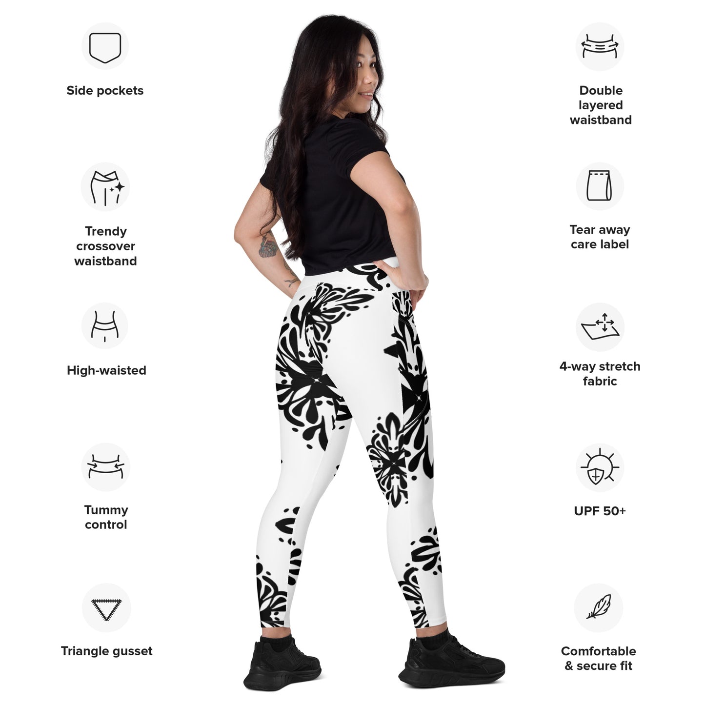 Cute black and white Crossover leggings with pockets
