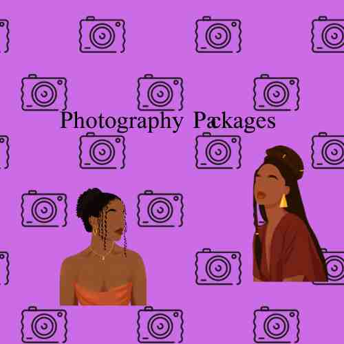 Photography packages - Purple background with silhouettes of cameras on top. two graphics of colored woman wearing Jewellery, both woman have their hair up, tied back with some small pieces in the front hanging down.