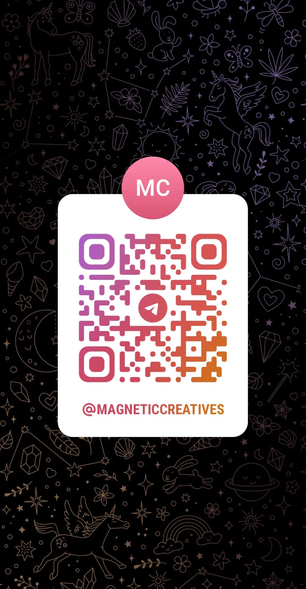 Purple and orange QR code for Magnetic Creatives TELEGRAM group chat