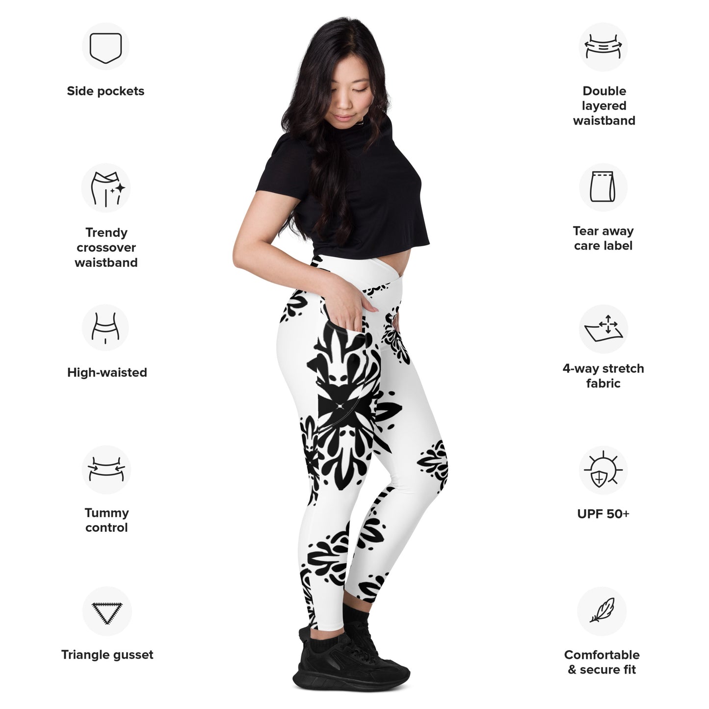 Cute black and white Crossover leggings with pockets